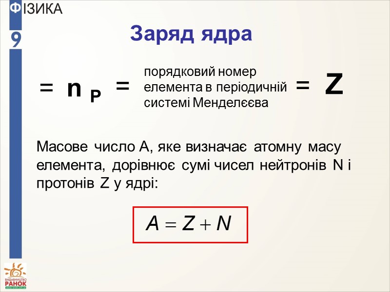 Масове число A, яке визначає атомну масу елемента, дорівнює сумі чисел нейтронів N і